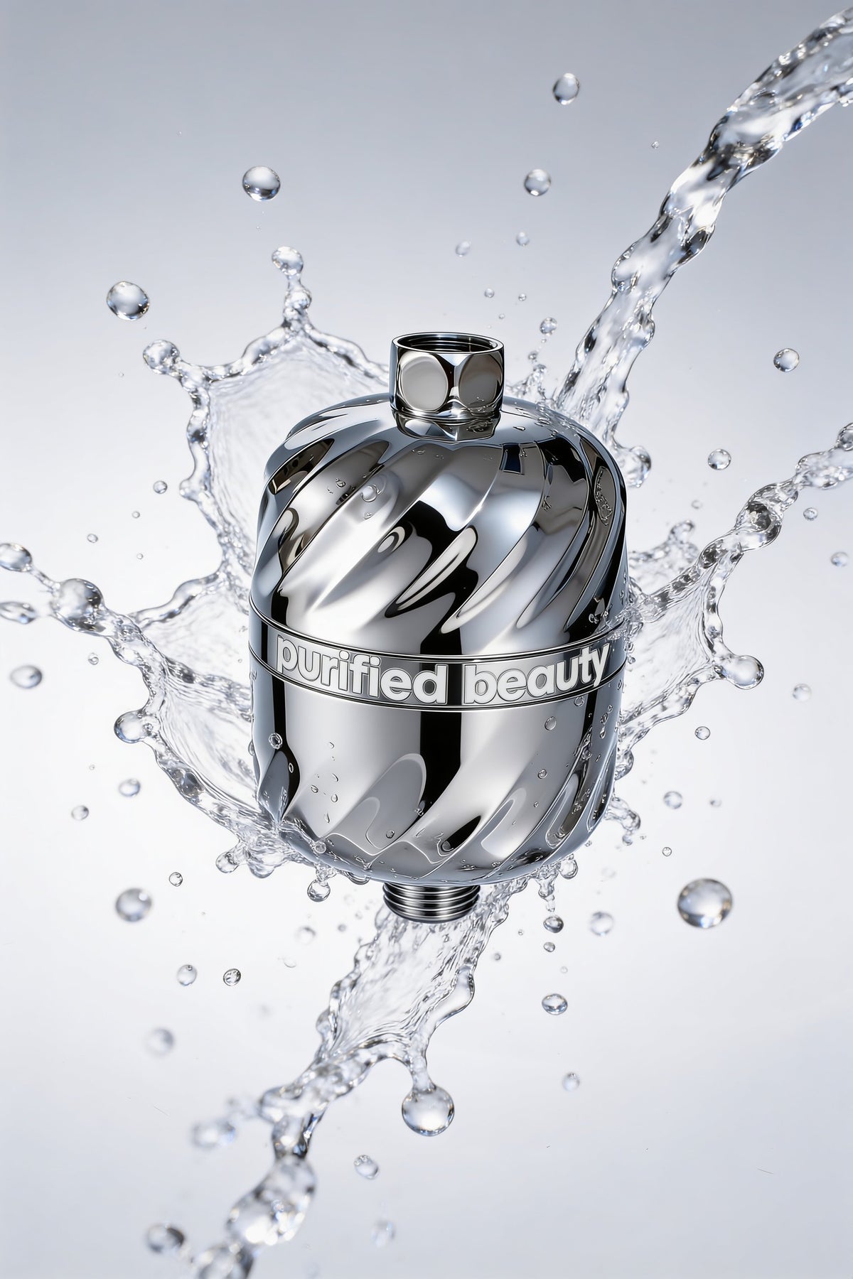 Purified Beauty chrome shower filter with water splash